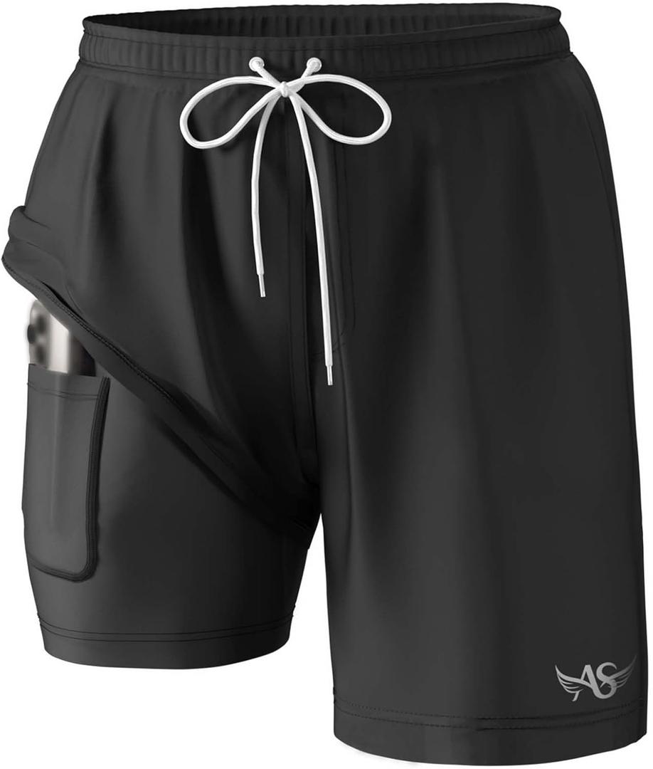 Angel season Men's 7" Quick Dry Swim Trunks with Compression Liner 2025 New Beach Board Shorts Bathing Suit with Pockets (Black, L)