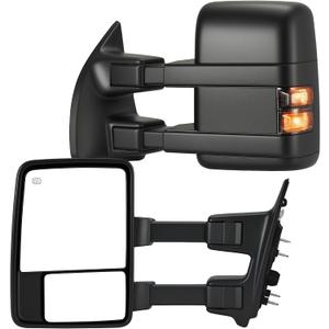 Tow Mirrors Compatible with 2008-2016 Ford F250 F350 F450 F550 Super Duty, Smoke LED Turn Signal & Running Light, Power Heated, Dual Glass, Manual Telescoping & Folding, Black