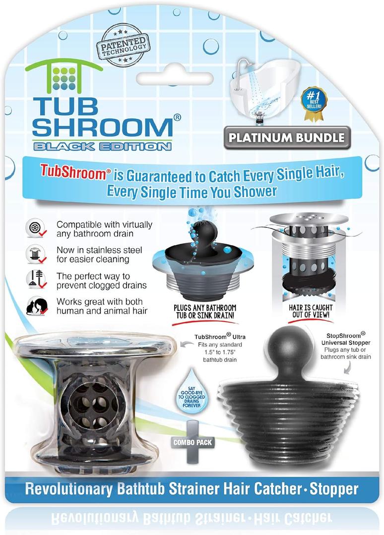 TubShroom Tub Drain Hair Catcher Combo Pack with Silicone Stopper, Black Chrome – Protector and for Bathroom Drains, fits any standard bathtub drain measuring 1.4” to 1.8” wide, Pack of 6