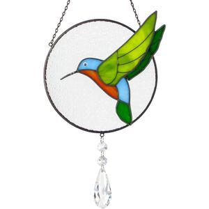 Stained Glass Suncatcher Window Hangings, 7 Inch Round Sun Catchers Glass Art with Crystal Prism, Handmade Hummingbird Designs for Home Decor or Gifts