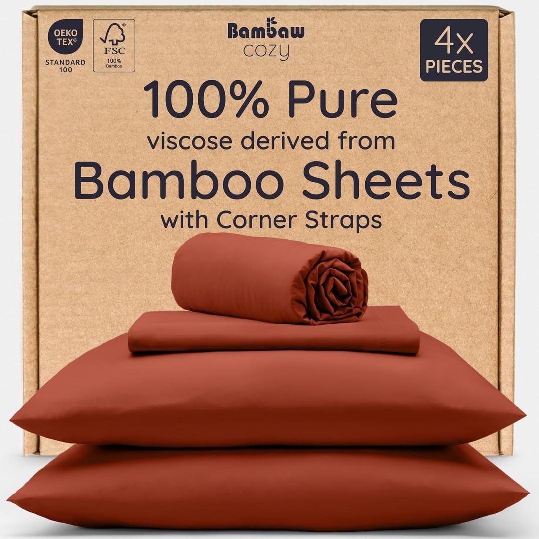 Bambaw 100% Viscose Derived from Bamboo Sheets King Size Set  4pcs Super Soft & Cooling Sheets, Luxury Sheet Set King Deep Pocket, Fits Up to 16'' Mattresses with Elastic Corner Straps (Terracotta)