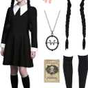 Girls Halloween Costume Kids Black Dress with Wig Necklace Socks Hairpin (150 (11-12 Years))