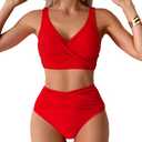 Fanuerg Women High Waisted Bikini Sets V Neck Cross Twist Front Two Piece Swimsuit Tummy Control Bathing Suit Rose Red M