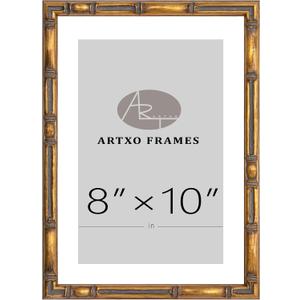 ArtXO 8"x10" Picture Frame Wooden, Display Pictures5 x7 with Mat or 8"x10" Without Mat,Gold Bamboo Poster Frames,Hanging Photo Frame Wall