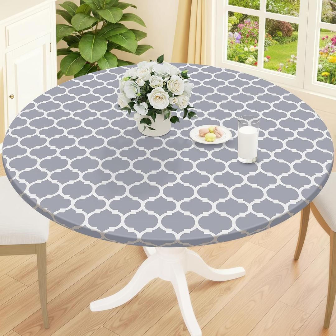 Smiry Round Picnic Tablecloth, Waterproof Elastic Fitted Table Covers for 36" - 44" Tables, Wipeable Flannel Backed Vinyl Tablecloths for Camping, Indoor, Outdoor, Grey & White