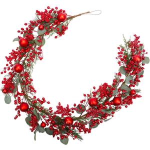 5 Feet Christmas Garland with Red Berry Christmas Balls Decorations with Pine Eucalyptus Leaves for Table Window Wall and Christmas Trees