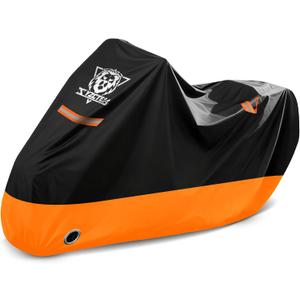 XYZCTEM Motorcycle Cover Waterproof Outdoor All Season Protection Motorcycle Storage Night Reflective Handles with Lock-Holes Storage Bag Fits up to 116" Motorcycle Vehicle Covers, Black&Orange