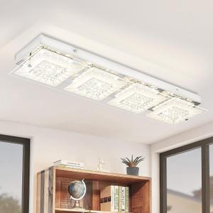 Flush Mount Ceiling Light Crystal Ceiling Light Fixture 24IN Long Rectangle Lighting Fixtures Ceiling Dimmable LED Ceiling Lights for Kitchen, Bathroom, Hallway, Living Room, 25-Inch Rectangular Crystal Ceiling Light