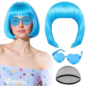 PLULON Black Bob Wig with Heart Sunglasses and Hair Cap, Colorful Short Bob Wigs Synthetic Party Wigs Funny Cosplay Hairpieces for Women Men Neon Bachelorette Halloween Costume Party Decorations