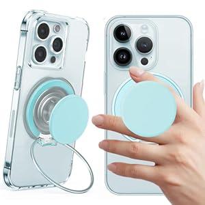 AUROX Magnetic Phone Grip for Magsafe Phone Grips [Popup Comfortable Grip], Expandable Collapsible Phone Grip Stand Holder for Magsafe Kickstand, for iPhone 16 15 14 13 12 Series, TransparentGrassGreen