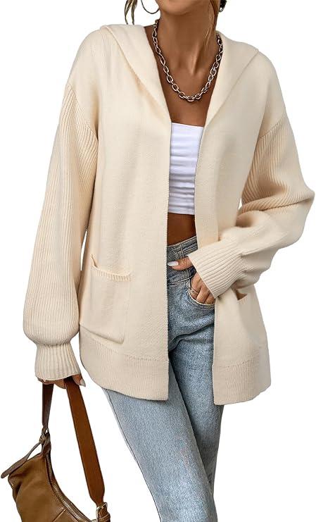 Astylish Women Hooded Cardigan Sweaters Chunky Open Front Pockets Oversized Solid Ribbed Outerwear Fall Outfits XXL