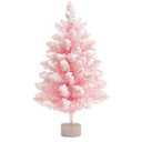 2FT Artificial Christmas Tree Pink Tabletop Christmas Tree with Wooden Stand Snow Flocked Mini Xmas Pine Tree for Christmas Indoor Outdoor Holiday Home Decoration