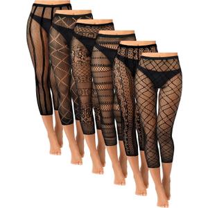 Yahenda 6 Pcs Footless Fishnet Tights for Women Fishnet Thigh High Stockings Lace Mesh Pantyhose Leggings for Halloween (X-Large, Black)