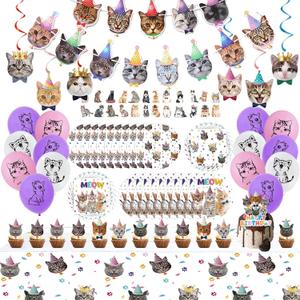 137PCS Cat Birthday Party Supplies Serves 20 Guests Kitten Birthday Party Decorations Plates Banner Napkins Balloons Tablecloth Cake Toppers for Cats Themed Birthday Parties Supplies