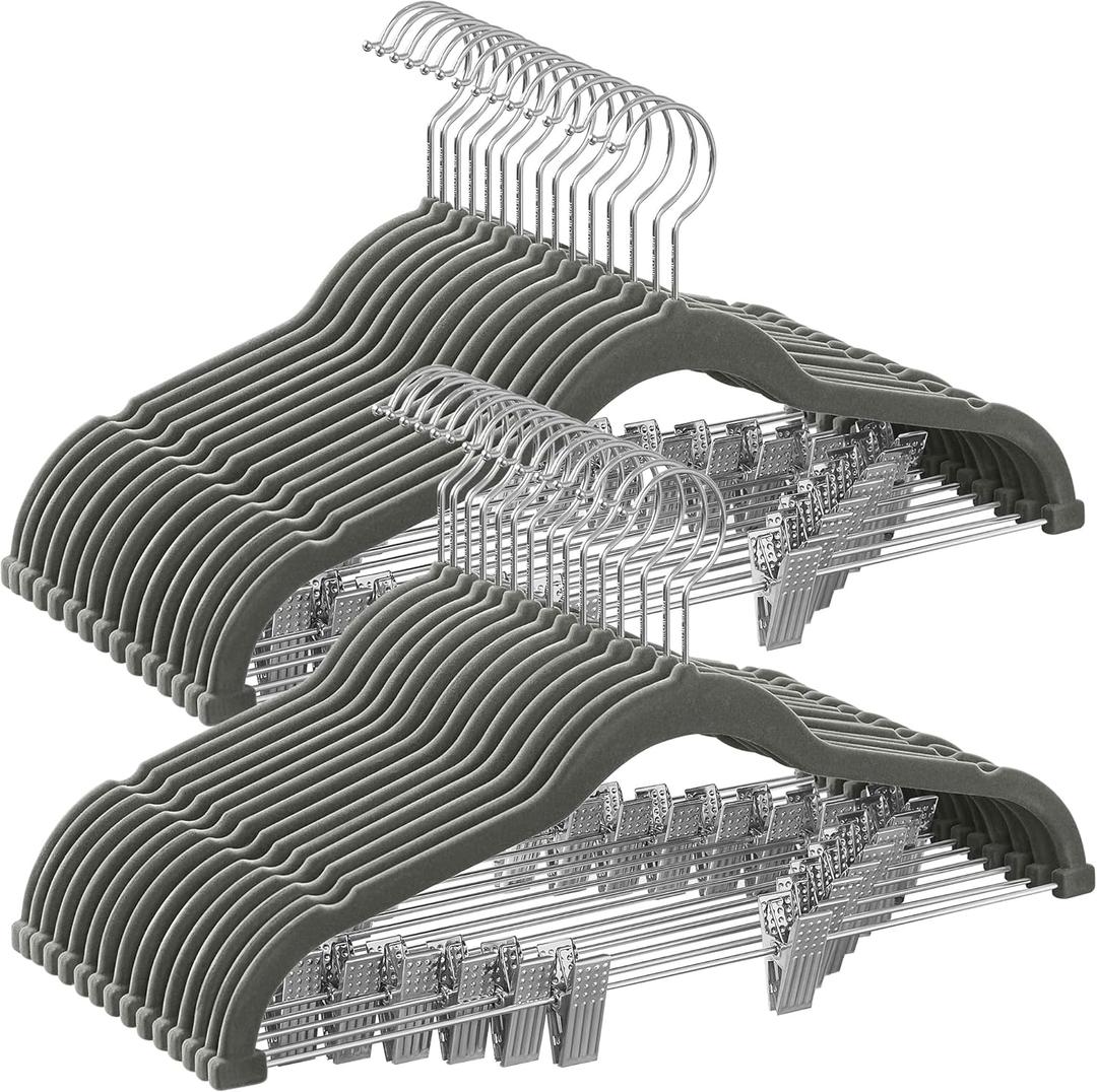 SONGMICS 30 Pack Pants Hangers, 16.7 Inches Long Velvet Trousers Hangers with Adjustable Clips, Heavy-Duty, Non-Slip, Space-Saving for Pants, Skirts, Coats, Dresses, Tank Tops, Gray UCRF12V30