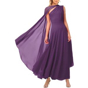 Lrady Women's Elegant Evening Gowns Crewneck One Shoulder Flowy Aline Wedding Guest Party Formal Maxi Dresses with Cape (XX-Large, Purple)