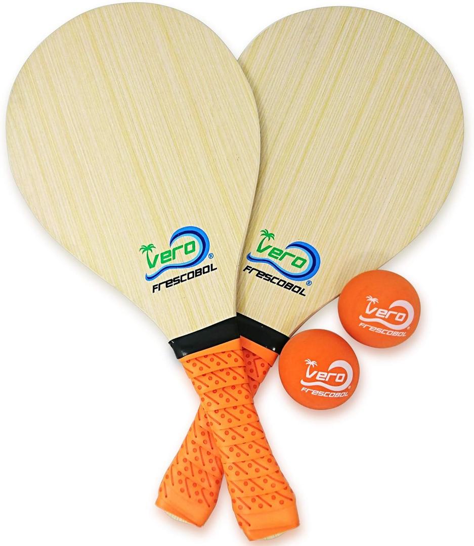 Frescobol Starter Set – 2 Vero Wood Beach Paddles with Premium Orange Padded Grips, 2 Official Orange Balls, Durable Tote Bag for Beach Paddle Game
