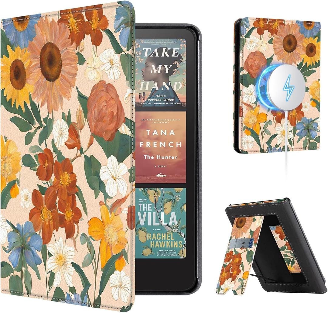 CoBak Stand Case for 7" Kindle Paperwhite 12th Gen 2024 and Kindle Colorsoft with Hand Strap - Compatible with iPhone MagSafe, for Samsung/Belkin/Anker Wireless Charging Pads, Durable, Auto Sleep Wake (Sunflower)