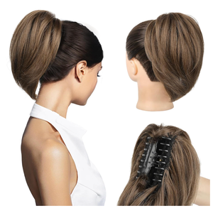 NTYNTY Ponytail Extension - 10" Short Claw Clip in Ponytail Hair Extensions Messy Bun Hair Piece Natural Soft Synthetic Straight Pony Tail Hair Pieces for Women - Ash Brown with Highlights