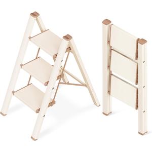 3 Step Ladder, Aluminum Folding Step Stool with Anti-Slip Sturdy and Wide Pedal, Lightweight Portable Stepladder for Home and Kitchen Use Space Saving, 330 lbs, Chocolate White