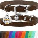 BRONZEDOG Leather Cat Collar with Removable Bells Non Breakaway Kitten QR Tag for Girl Boy (9" - 12" Cats/Mini Dogs, Brown & Silver)