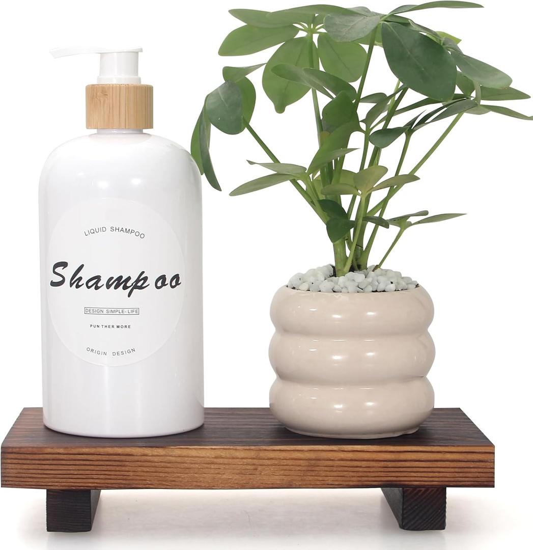 Small Bathroom Counter Organizer Tray Wooden Pedestal Stand for Display Decor Farmhouse Wood Risers Soap Dish Dispenser Holder for Kitchen Sink Tray Modern Bathroom Vanity Accessories Decorative trays (8.6" x 4" x 1.6", Brown)