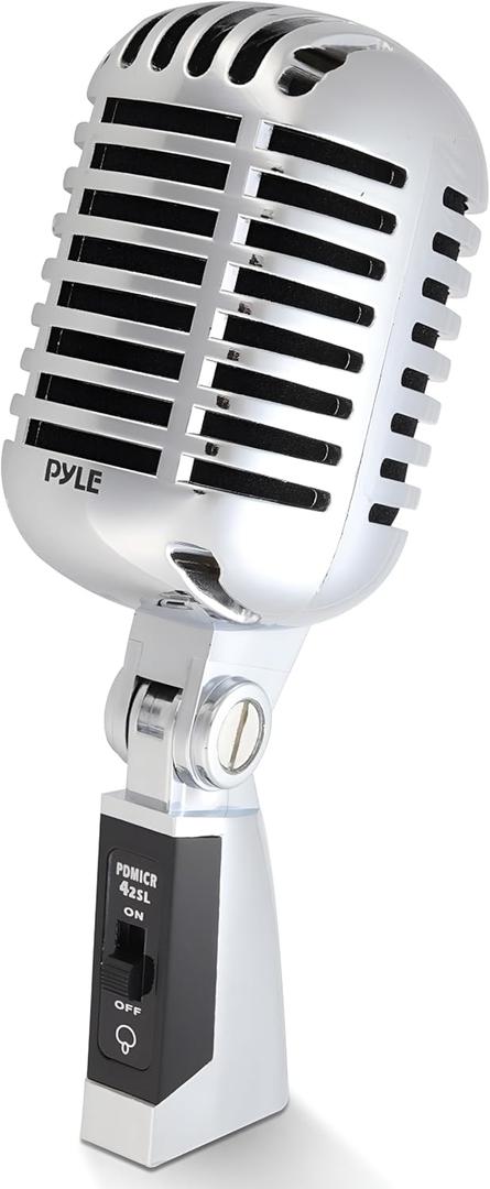 Pyle Classic Retro Dynamic Vocal Microphone - Old Vintage Style Unidirectional Cardioid Mic with XLR Cable - Universal Stand Compatible - Live Performance In Studio Recording - PDMICR42SL (Silver)