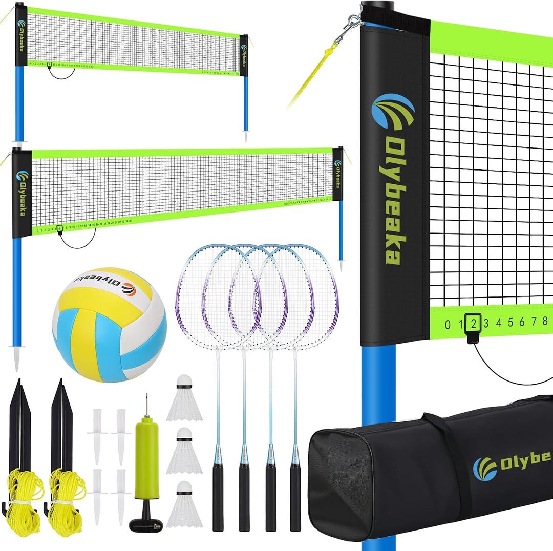 Portable Volleyball & Badminton Combo Net Set for Backyard Beach with 2 Nets (20ft and 32ft), Adjustable Poles, PU Volleyball, Aluminum Rackets and Carry Bag, Quick Setup & Durable