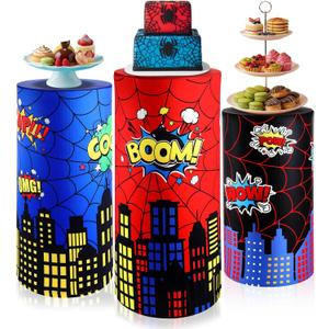 3 Sets Spandex Cylinder Stand Covers Cake Pedestal Cover Dessert Table Gift Display Round Cylinder Stand Covers for Birthday Party Baby Shower Backdrop Wedding Props Decor, Spiderweb Red Blue