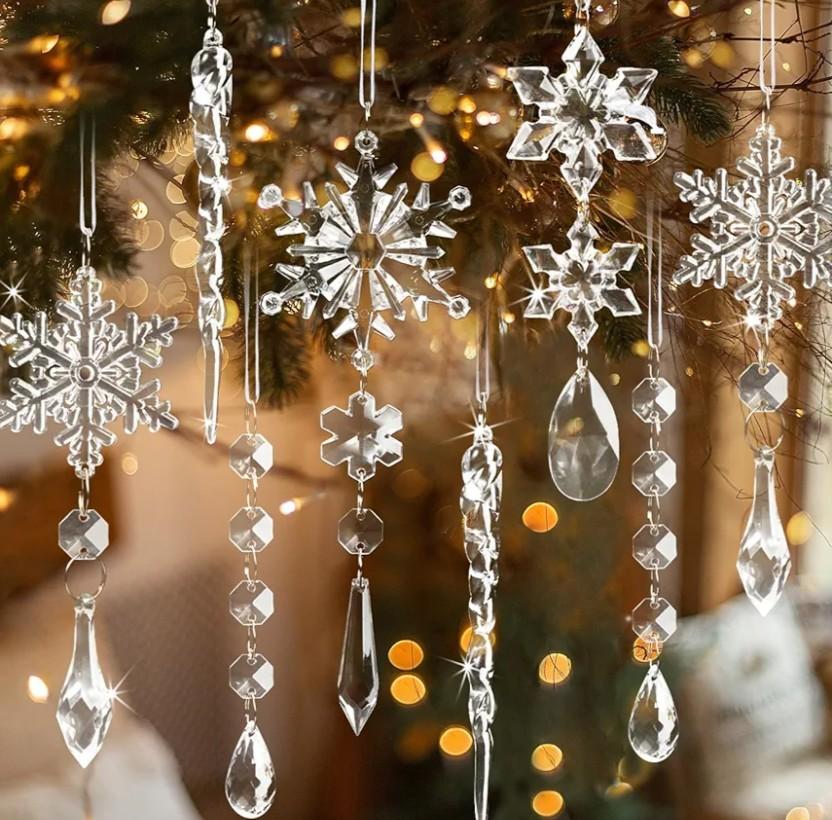Crystal Christmas Ornaments for Tree Decorations-Hanging Acrylic Snowflake Icicle Ornaments with Drop Pendants for Winter Wonderland Chandelier Crystals Decorations Supplies