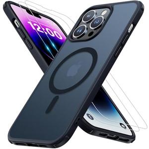 Iokmax Magnetic for iPhone 14 Pro Max Case [Compatible with MagSafe]with 2X Screen Protector, Military-Grade Slim Shockproof Phone Cover Translucent Matte Anti-Fingerprint Anti-Scratch,6.7 inch,Black