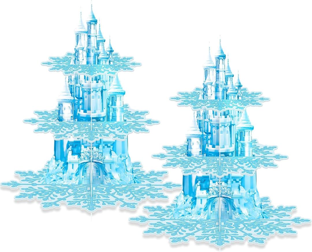 2 Pack Cupcake Stands Frozen Birthday Party Decorations: 3-Tier Snowflake Winter Wonderland Theme Cupcake Holders for Girls Kids Princess Party Favors, Blue Castle Toppers Cup Cake Tower Stand