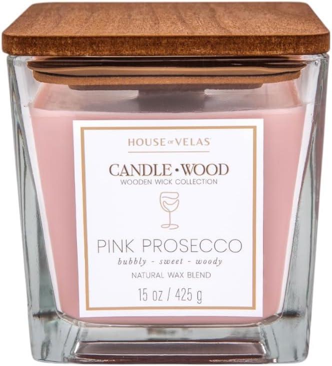 Candle Wood Collection, 15 oz, 1 Wooden Wick, Pink Prosecco, Square Glass Jar Candle