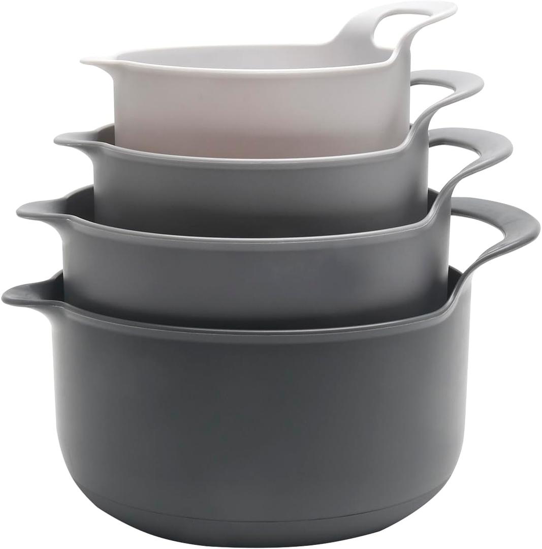 COOK WITH COLOR Nesting Plastic Mixing Bowl Set with Pour Spouts and Handles, Grey, 4 Piece Non-Slip (Gray)