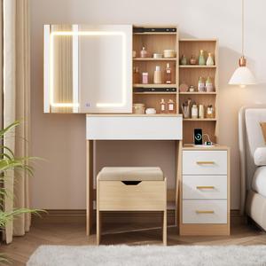 GarveeHome Makeup Vanity Desk with Sliding Mirror, Vanity Dressing Table with 3 Color Adjustable Lights, Girls Vanity Set with Stool, 4 Compact Vanity Drawers, Power Outlet, Natural
