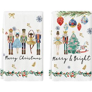 Artoid Mode Nutcrackers Xmas Balls and Trees Merry Christmas Kitchen Towels Dish Towels, 18x26 Inch Snowflakes Decoration Hand Towels Set of 2 (Beige)