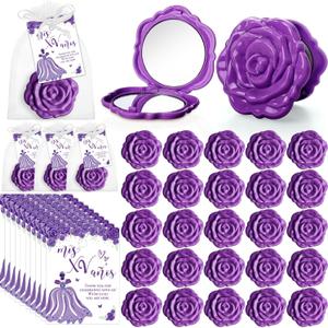 Wenqik 30 Sets Quinceanera Party Favors for Guests Rose Design Compact Pocket Mirrors Quinceanera Cards Thank You Gift and Organza Bags Sweet 15 Mis Quince Birthday Party Favor (Purple)