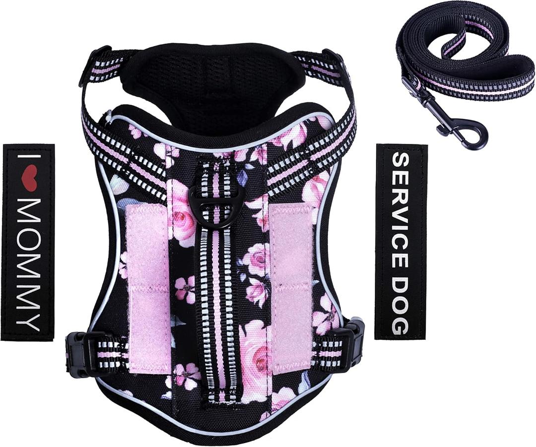 Tactical Dog Harness,Working Dog MOLLE Vest with Handle for Medium Dogs No Pull Adjustable Pet Harness Reflective Strapwith Dog Leash Set(M,Pink Floral) (M(Neck:16-20",Chest:16-27"))