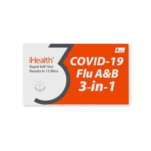 iHealth COVID-19, Flu A&B 3-in-1 Antigen Rapid Test, Results in 15 Minutes, FDA Authorized OTC Flu & COVID Home Test, with Non-invasive Nasal Swab, Easy to Use & No Discomfort (1 Pack, 4 Tests Total)