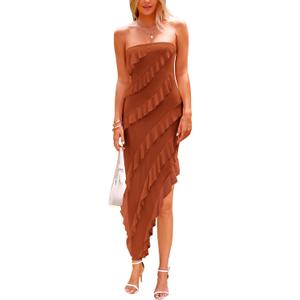 PRETTYGARDEN Summer Wedding Guest Dresses for Women 2026 Spring Cocktail Prom Graduation Bodycon Backless Elegant Midi Dress (Orange)