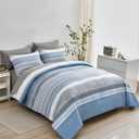 KAKIJUMN 7 Piece Bed in a Bag Stripe Comforter Set King Size, White Grey Blue Patchwork Striped Comforter and Sheet Set, All Season Soft Microfiber Complete Bedding Set(Light Blue,King)