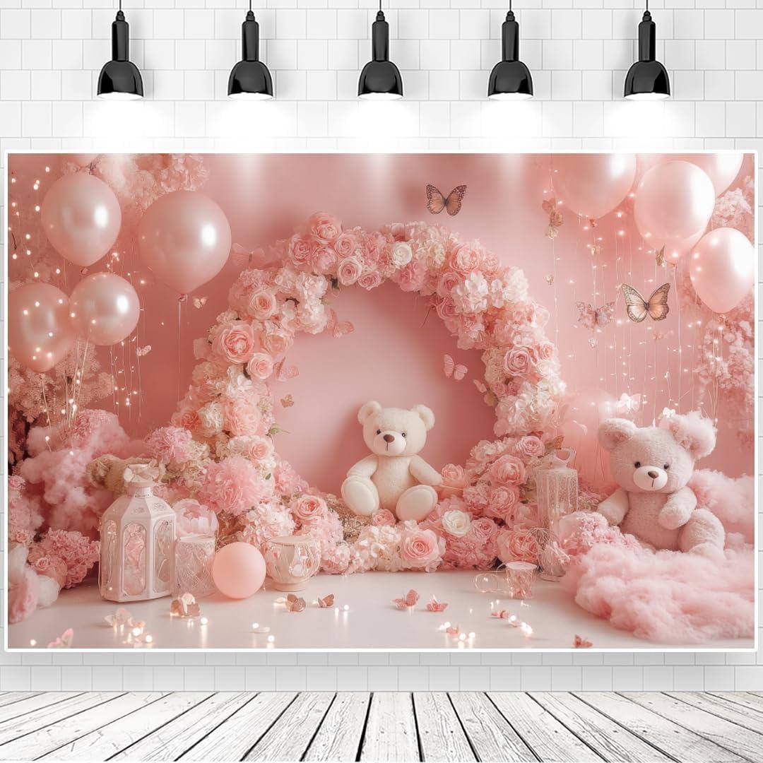 7x5ft Pink Flower Birthday Backdrop Sweet Floral with Butterflies Balloons Photography Background for Baby Girl Newborn 1st 2nd Birthday Baby Shower Cake Smash Decoration Banner