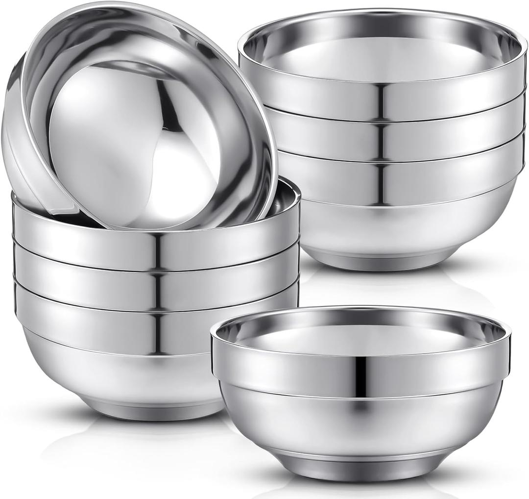 8 Pack 24 oz Stainless Steel Bowls Double Walled Insulated Soup Ice Cream Metal Mixing Nesting Bowls for Serving Soup Rice Cereal (304 Stainless Steel)