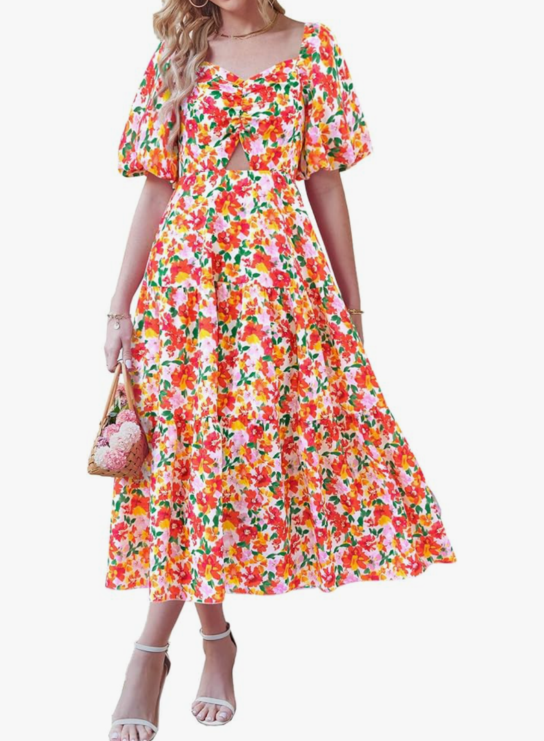 BTFBM Women Summer Dresses 2025 Casual Flowy Beach Square Neck Puff Short Sleeve Smocked Back Boho Floral Long Maxi Dress S