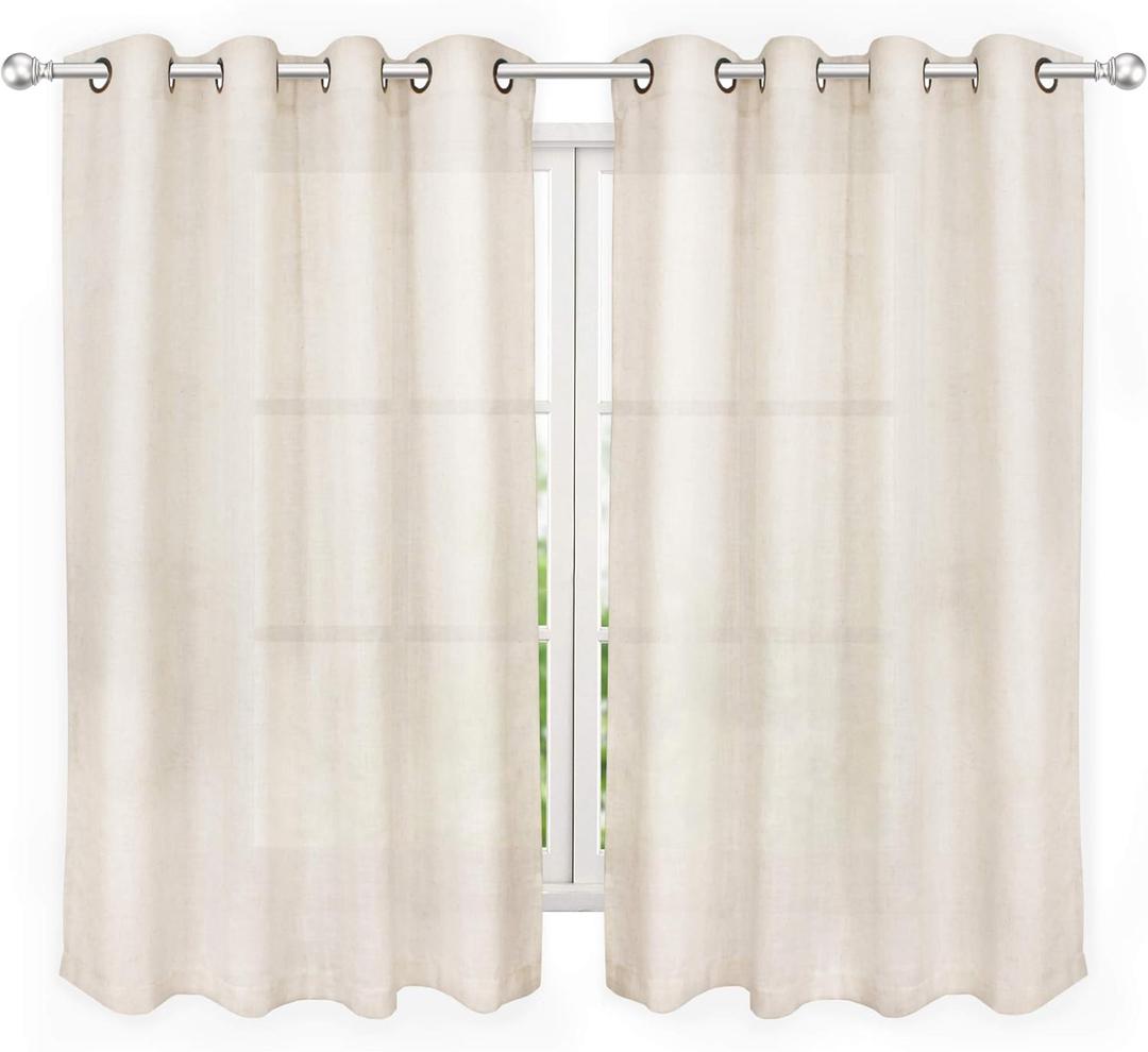 Semi Sheer Linen Curtains 45 Inch Length Cafe Curtains for Kitchen, 52 x 45 Inch Grommet Top, Set of 2 Panels, Natural