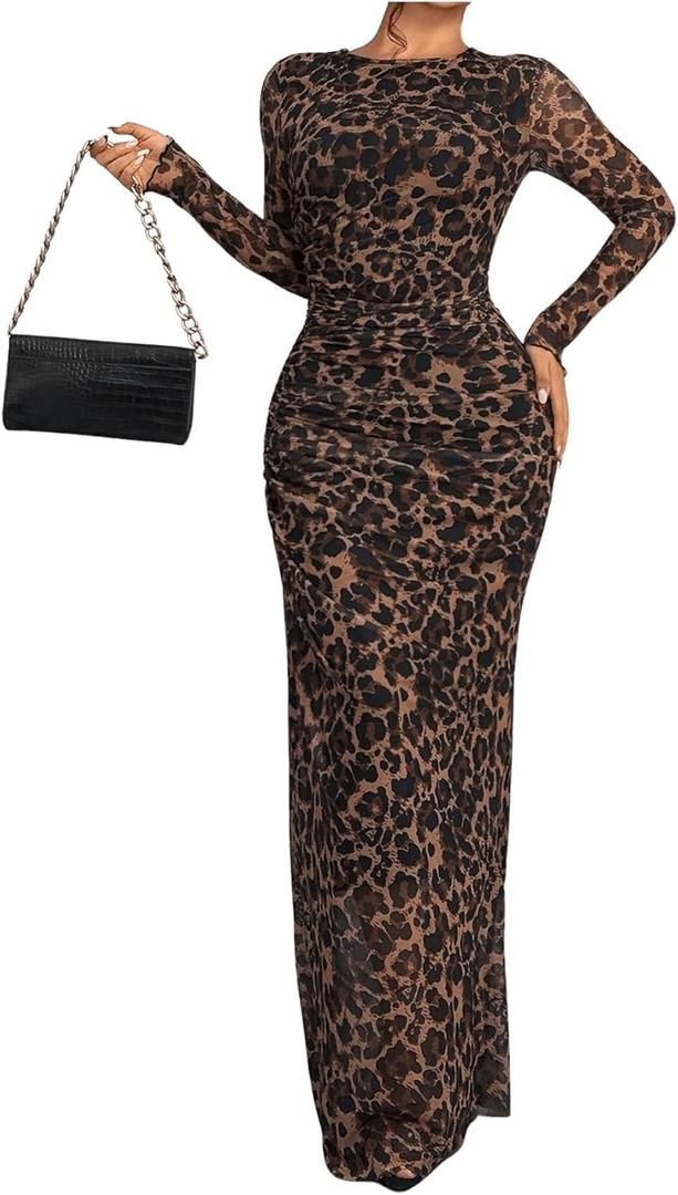 Women's Y2k Leopard Print Mesh Sheer Bodycon Maxi Dresses Cheetah Long Sleeve Elegant Formal Wedding Guest Dress (Large, Brown)