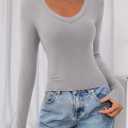 PRETTYGARDEN Womens Long Sleeve Slim Fit Crop Tops | Soft Stretchy Knit, Deep V Neck T Shirt, Fashion Fitted Basic Top, Casual Party Going Out Wear, Trendy Fall Clothes (Gray, XL)
