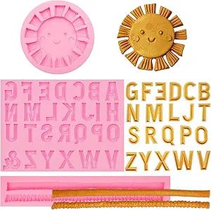 26 Capital Letter Fondant Molds, 3D Letters Hemp Rope Cake Decorating Molds, Cartoon Smile Sun Shaped Silicone Chocolate Molds for Birthday Cupcake Topper Cookie Plaster Clay Resin