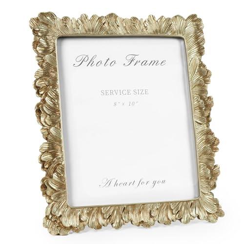 Cuspin 8x10 Picture Frame Vintage Gold Frames, Elegant Photo Frame with Glass Front, Palm Leaves Textured Hand-Crafted Resin Frame for Wall and Tabletop Display Home Decor