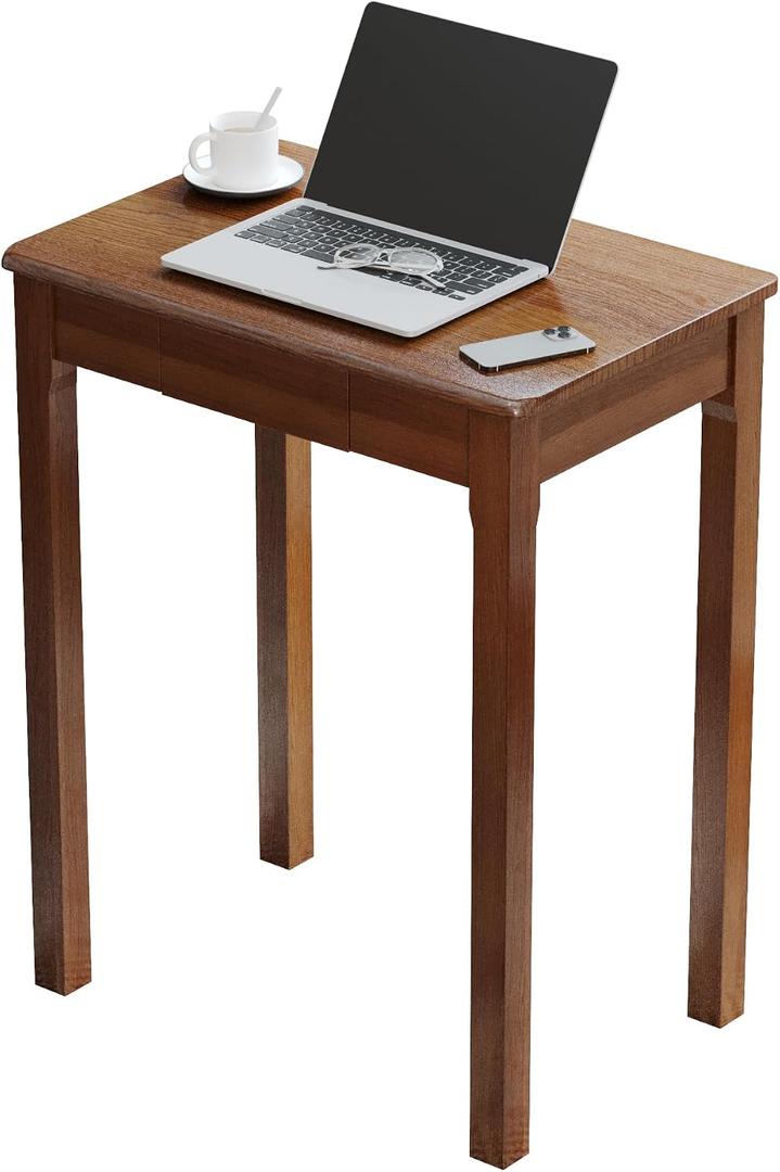 Solid Wood Desk with Drawers - 24 x 16 Inch Vintage Narrow Desks, Mid Century Modern Desks, Rubber Wood Study Table, Small Writing Desk for Bedroom|Small Spaces - Walnut Color, 23.6 in W x 15.7 in D